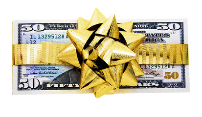 50 dollar notes  wraped  with a golden ribbon transparent - 528415034