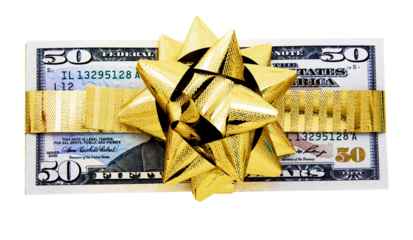 50 dollar notes  wraped  with a golden ribbon transparent