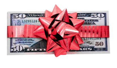 50 dollar notes  wraped  with a golden ribbon transparent