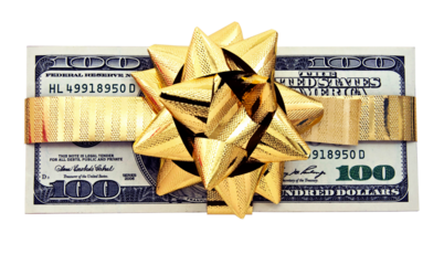 one hundred dollars gift wraped with a golden ribbon