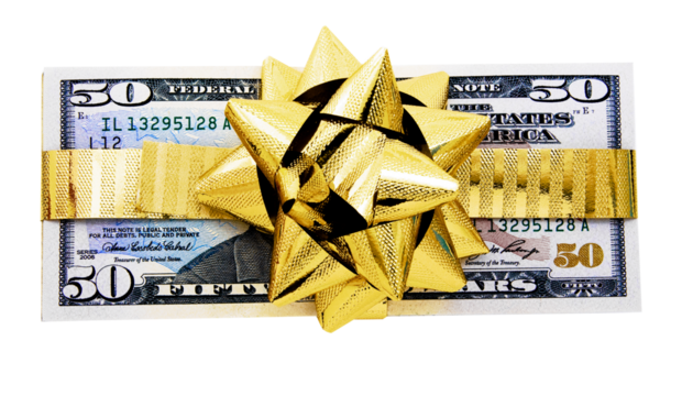 50 dollar notes  wraped  with a golden ribbon transparent