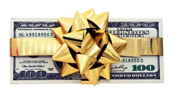 one hundred dollars gift wraped with a golden ribbon