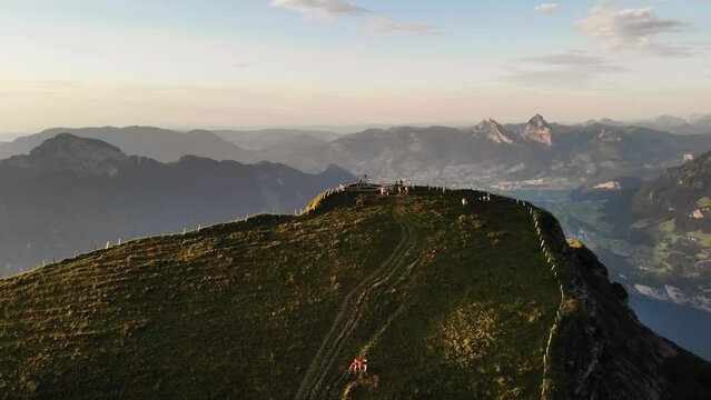 Aerial flyover around Niederbauen Chulm in Uri, Switzerland with a view of cows grazing and mountain peak's tall cliffs above Lake Lucerne
