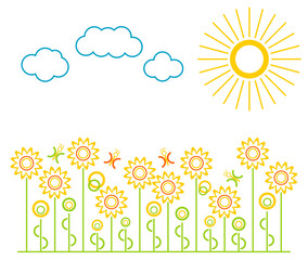 Vector image which are summer flowers, clouds and sun.