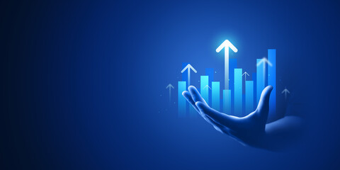 Businessman hand plan growth business graph financial chart on improvement blue background with success investment diagram marketing strategy or increase arrow stock profit data and analysis market. - obrazy, fototapety, plakaty