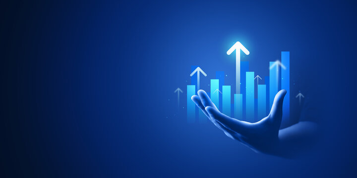 Businessman hand plan growth business graph financial chart on improvement blue background with success investment diagram marketing strategy or increase arrow stock profit data and analysis market.