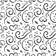Hand drawn seamless pattern with hearts and flowers. Vector illustration.