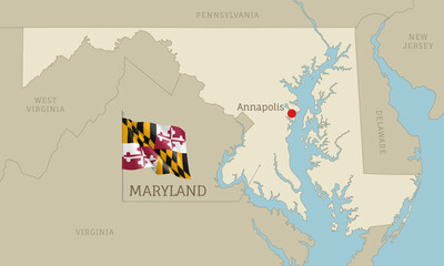 Map of Maryland USA federal state with waving flag. Highly detailed editable map of Maryland state with territory borders and Annapolis capital city realistic vector illustration