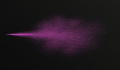 Pink spray mist with glitter particles, fashion shimmer freshener with haze isolated on a dark background. Realistic vector effect. Luxury scent template.