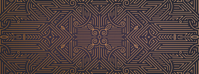 Vector abstract geometric golden background, gatsby style pattern. Art deco wedding, party, geometric ornament, linear style. Horizontal luxury decoration element, banner, gold and black.