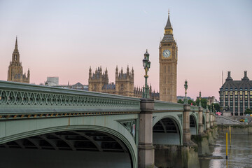 Parliament London and Westminster Bridge at dawn