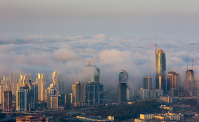 Foggy aerial view of Istanbul, the Bosphorus Bridge and the city
