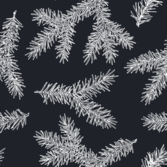 Mysterious forest seamless pattern background design. Engraved style. Hand drawn spruce branch.