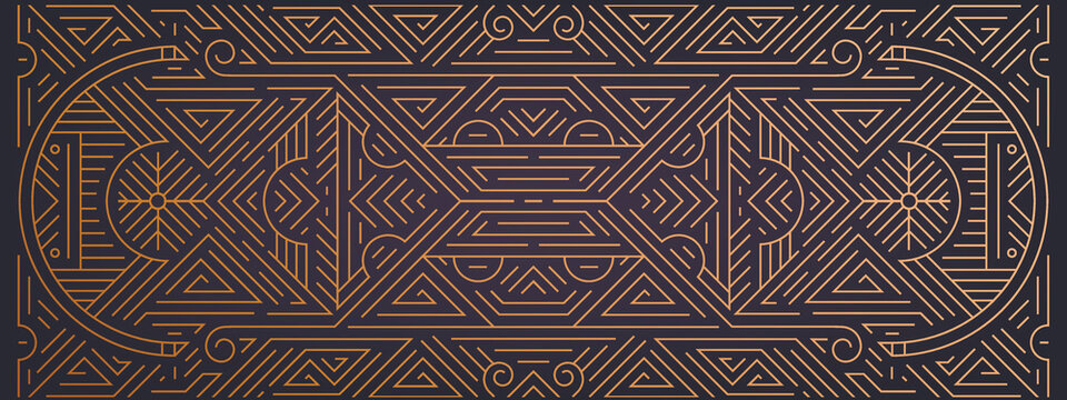 Vector abstract geometric golden background, gatsby style pattern. Art deco wedding, party, geometric ornament, linear style. Horizontal luxury decoration element, banner, gold and black.