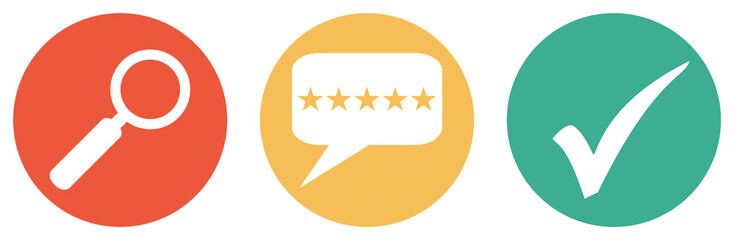 Bewertung, Feedback oder Nutzermeinung suchen - Bunter Button Banner