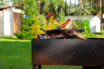Kindled firewood in the mangal for preparing for a barbecue