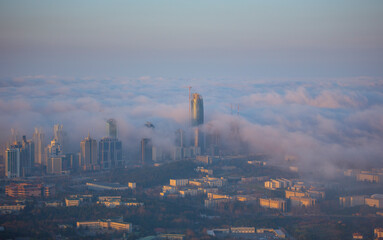 Foggy aerial view of Istanbul, the Bosphorus Bridge and the city