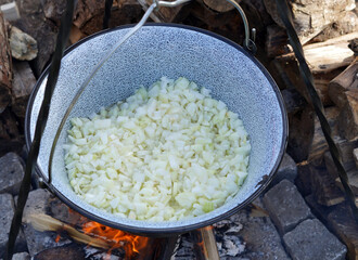 A large cauldron containing chopped onions.