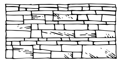 Wall of flat even stone. Masonry in construction of houses and fences. Natural building material. Hand drawn outline sketch. Isolated on white background. Vector.
