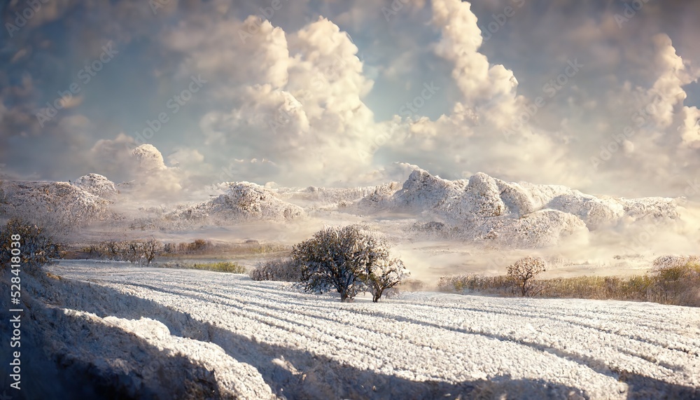 Wall mural Winter landscape with white snow on fields and bushes. Cloudy sky on a winter day.