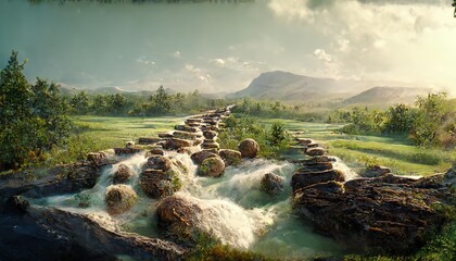 Waterfalls in a summer landscape with a green landscape, large stones, water flows.