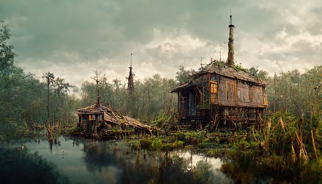 A gloomy abandoned house on stilts stands in a deserted and gloomy forest on a cloudy day.