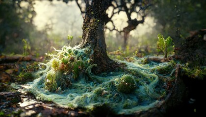 Landscape of a forest and a tree with green slime that flows down the trunk. Rays of light through the leaves of trees - obrazy, fototapety, plakaty