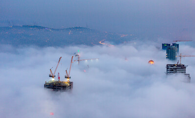 Foggy aerial view of Istanbul, the Bosphorus Bridge and the city