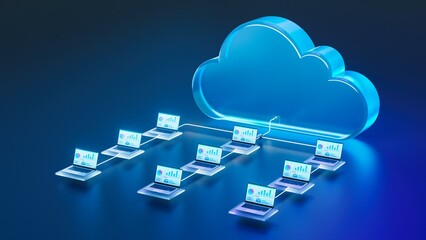 3D illustration: Network of Laptop Computers with Charts Connected to a Cloud. Concept of Cloud Computing, Virtualization and Cloud Storage and Virtual Workspace for Teams.
