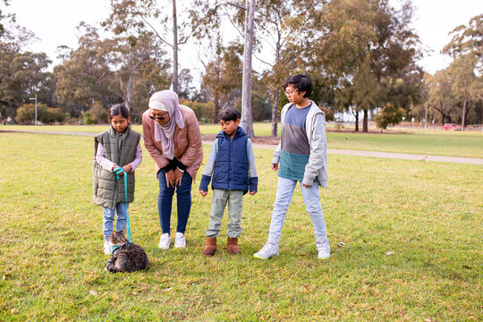 woman with hijab and glasses with 3 children with one girl holding a cat with leash in park