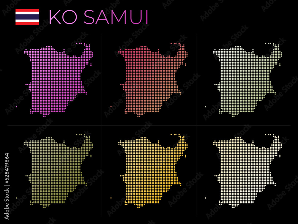 Poster ko samui dotted map set. map of ko samui in dotted style. borders of the island filled with beautifu
