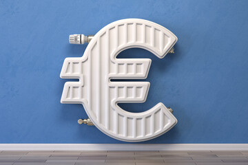 Heating radiator in form of euro sign.  Energy crisis, energy efficiency and rising heating costs in Europe concept.