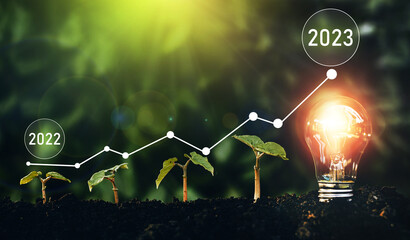 Seedlings are growing in soil with growth compared to year 2022-2023 and light bulb for innovations...