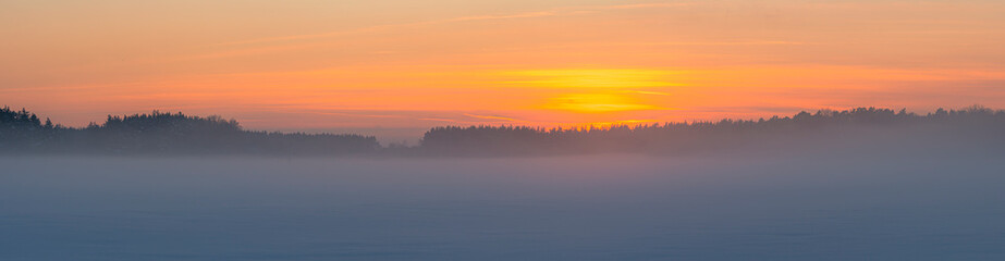 Wonderful wide angle panorama of the winter sunset in the forest with the orange sky and mist