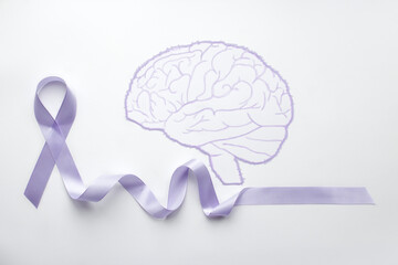 Light purple ribbon on a white background with a painted watercolor model of the human brain with...