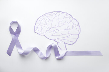 Light purple ribbon on a white background with a painted watercolor model of the human brain with space for text in honor of the day of epilepsy patients on March 26