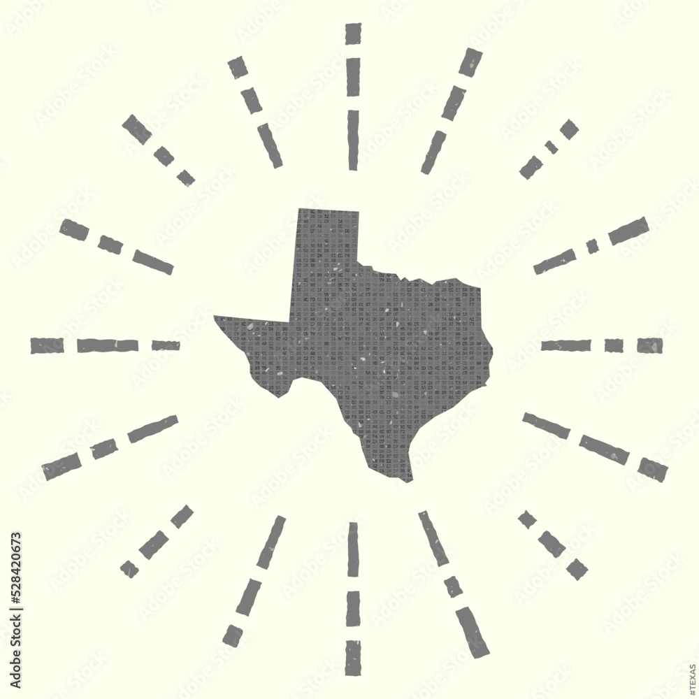Poster texas logo. grunge sunburst poster with map of the us state. shape of texas filled with hex digits w
