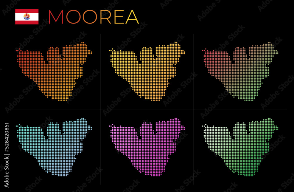 Poster moorea dotted map set. map of moorea in dotted style. borders of the island filled with beautiful sm