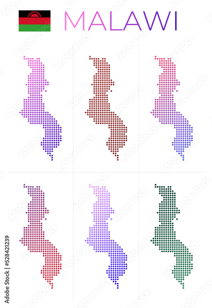 Poster malawi dotted map set. map of malawi in dotted style. borders of the country filled with beautiful s
