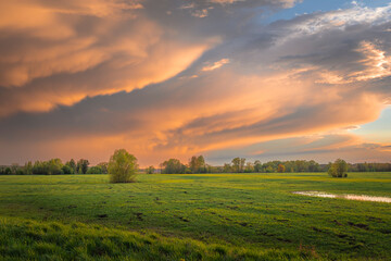 Dramatic sunset sky over summer field and forest with storm clouds