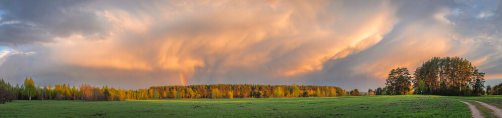 Breathtaking panoramic view of dramatic sunset sky over summer field and forest with storm clouds