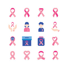 Vector Pink Ribbon Cross Breast Cancer Day icon. flat icons set. Women Cancer Fighting concept idea.