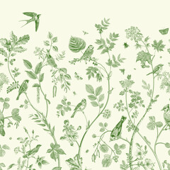 Garden Birds. Mural. Vector vintage illustration. Green © OlgaKorneeva