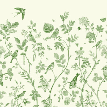 Garden Birds. Mural. Vector vintage illustration. Green
