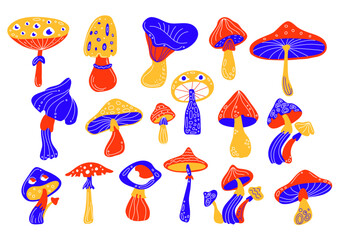 Psychedelic colored mushrooms. Mystical groovy plants, flamboyant hallucinogenic objects, acid hippie food, hand drawn fungus and toadstools, 60s retro swanky vector cartoon flat set