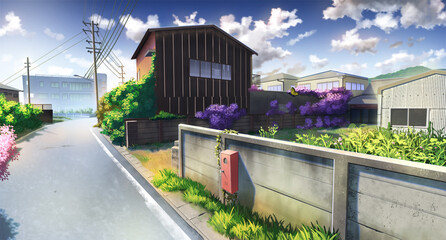 Fototapeta na wymiar Anime Style Background-Peaceful Alley in Japan, Digital painting, Illustration, afternoon