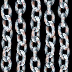Chain seamless pattern. Watercolor illustration. Isolated on a black background.