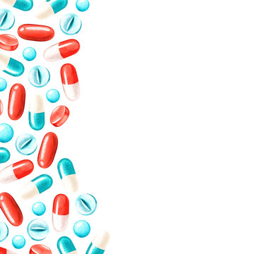 Square blank for text of pills. Watercolor illustration. Isolated on a white background.