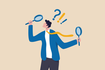 Observation or examination, curiosity to discover secret, search or analyze information, investigate or research concept, curious businessman holding magnifying glass observe data with question mark. - obrazy, fototapety, plakaty