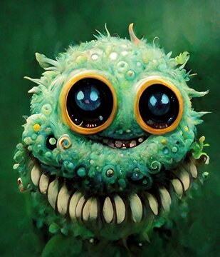 Kleines gr&uuml;nes Monster mit 2 gro&szlig;en schwarzen Glubschaugen und vielen scharfen Z&auml;hnen